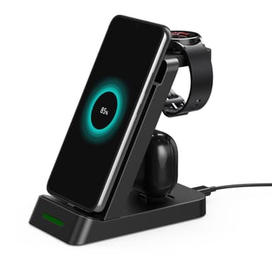 3-i-1 trådlös laddare för telefon, smartklocka, öronsnäckor Sort