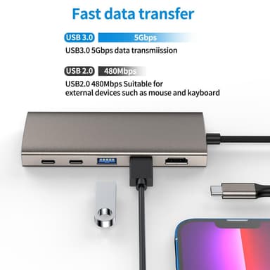 NÖRDIC 1 til 11 dokkingstasjon 1xHDMI 4K60Hz 5xUSB3.0 5Gbps 1xRJ45 1xPD100W