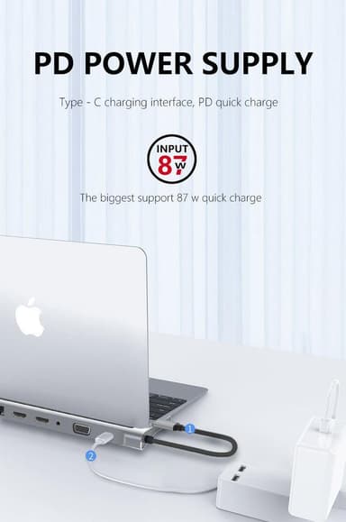 NÖRDIC 1 til 12 USB-C-dokkingstasjon for trippelskjermer 2xHDMI 4K30Hz, 1xVGA, USB-C PD 100W, Thunderbolt 3 & 4