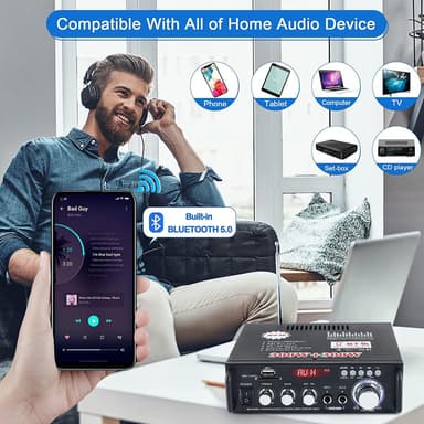 NÖRDIC Bluetooth 5.0 Stereoforsterker 2x40W AUX / USB / BT Lydforsterker med FM 2xMIC inngang