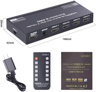 NÖRDIC HDMI Switch 4 til 1 med 7.1 lydekstraktor ARC SPDIF stereo 3,5 mm lyd 4K60hz HDCP2.2 3D HDR10 18Gbps