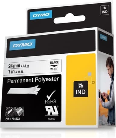 DYMO RhinoPRO merketeip perm polyester 24mm, svart på hvitt, 5.5m rul