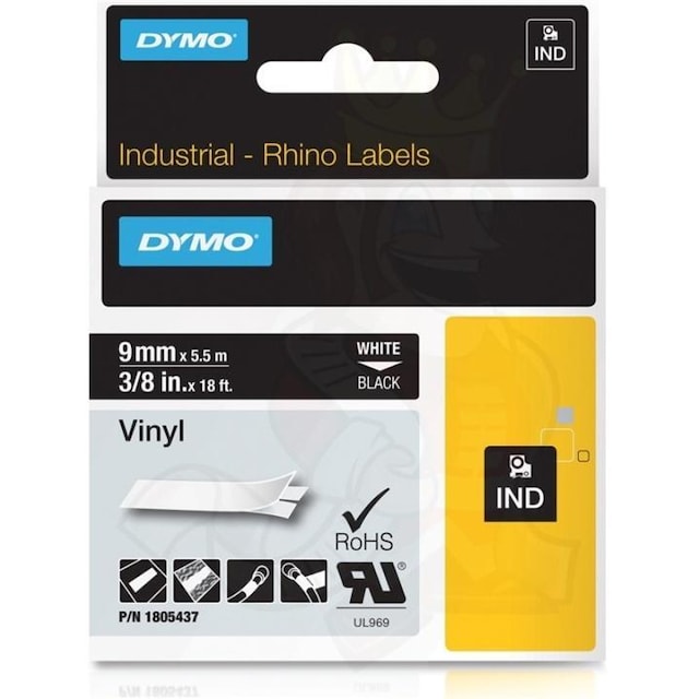 DYMO RhinoPRO 9mm vinylteip, hvit på svart, 5.5m rull