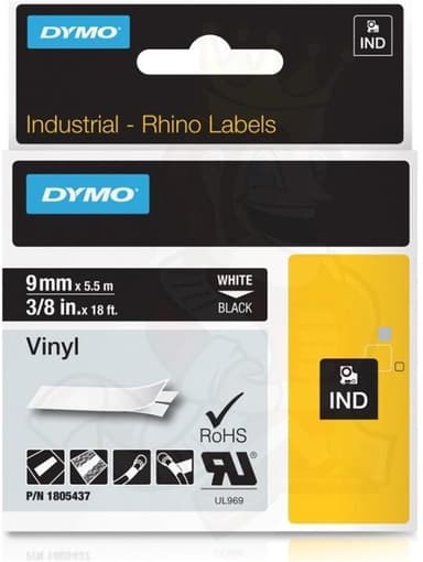 DYMO RhinoPRO 9mm vinylteip, hvit på svart, 5.5m rull