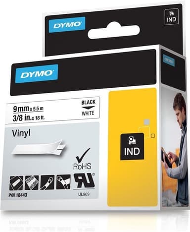 DYMO RhinoPRO merketejp perm vinyl 9mm, svart på hvitt, 5.5m rull