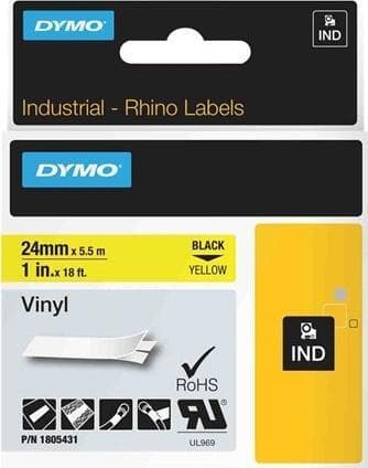 DYMO RhinoPRO 24mm vinylteip, svart på gul, 5.5m rull