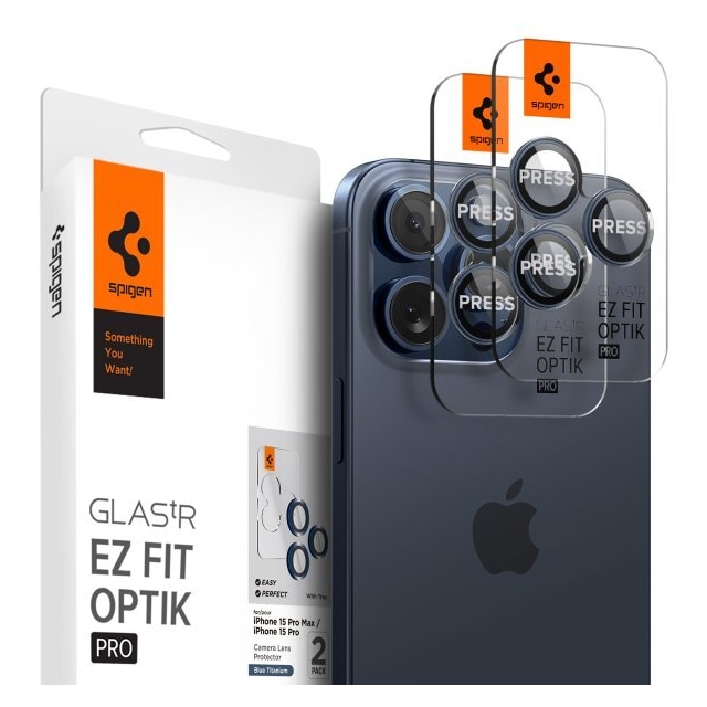 Spigen iPhone 15 Pro/iPhone 15 Pro Max Linsebeskyttelse GLAS.tR EZ Fit Optik Pro 2-pakning Blue Titanium