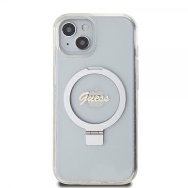 Guess iPhone 15 Deksel Ring Stand Glitter MagSafe Transparent