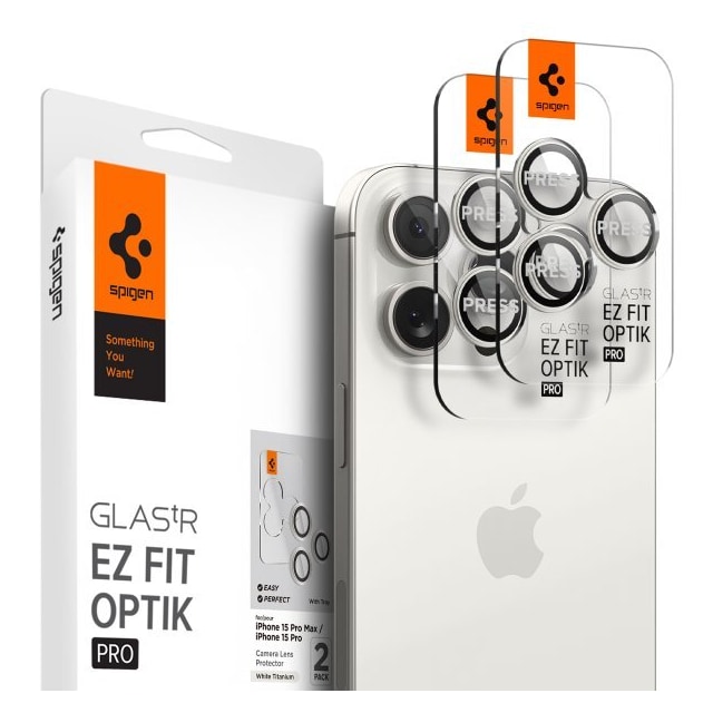 Spigen iPhone 15 Pro/iPhone 15 Pro Max Linsebeskyttelse GLAS.tR EZ Fit Optik Pro 2-pakning White Titanium