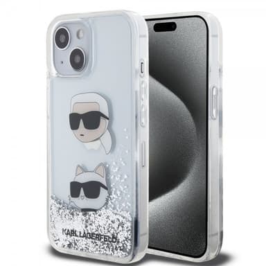 Karl Lagerfeld iPhone 15 Deksel Liquid Glitter Karl & Choupette Sølv