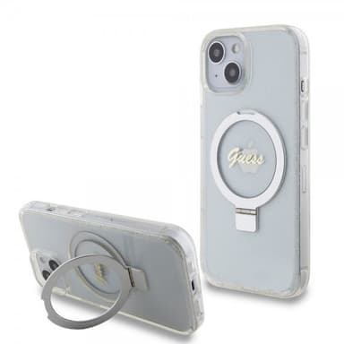 Guess iPhone 15 Deksel Ring Stand Glitter MagSafe Transparent