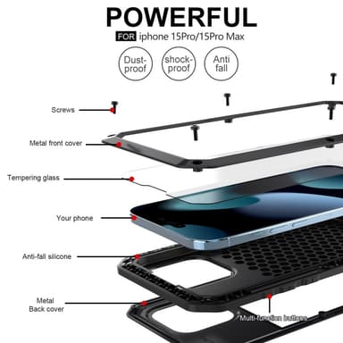 iPhone 15 Pro Heavy Duty Robust Hybrid-deksel+Herdet Glass