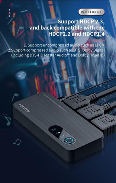 NÖRDIC HDMI-svitsj 2 til 1 8K60Hz 4K120Hz 48Gbps HDR HDCP2.3 Surround 7.1 CEC