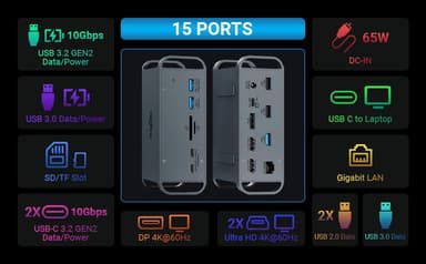 NÖRDIC 1 til 15 USB-C dokkingstasjon trippelskjermer 2xHDMI 1xDP 4K60Hz 7xUSB 1xUSB-C PD65W 1xRJ45 1xSD 1xMicro SD Thunderbolt 3/4 USB4