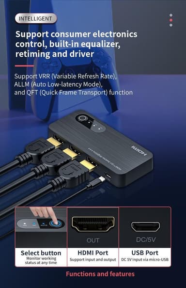 NÖRDIC HDMI-svitsj 2 til 1 8K60Hz 4K120Hz 48Gbps HDR HDCP2.3 Surround 7.1 CEC