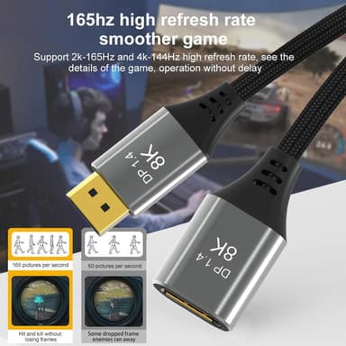 NÖRDIC 50 cm Displayport 1.4 skjøtekabel UHD 8K60Hz 4K144Hz 32.4Gbps 10-bit HDR