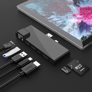NÖRDIC USB 7-ports dockingstasjon for MicroSoft Surface Pro7 1xHDMI4k30Hz 2xUSB-A 5Gbps 1xUSB-C PD87W 1xRJ45 LAN og 1xTF og 1xSD