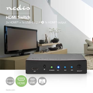 Nedis HDMI ™ Switch | 3-Port port(s) | 1x USB-C™ / 2x HDMI™ Inngang | 1x HDMI ™ -utgang | 4K@60Hz | 18.0 Gbps | Metall | Antrasitt