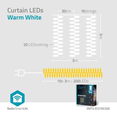 Nedis SmartLife Julelys | Gardin | Wi-Fi | Varm Hvit | 200 LED's | 3.00 m | Android™ / IOS
