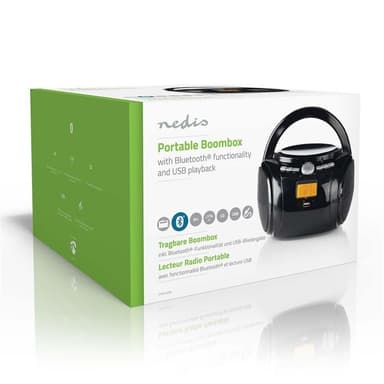 Nedis CD-spiller Boombox | Batteri drevet / Nettstrøm drevet | Stereo | 9 W | Bluetooth® | FM | USB-avspilling | Bære håndtak | Sort