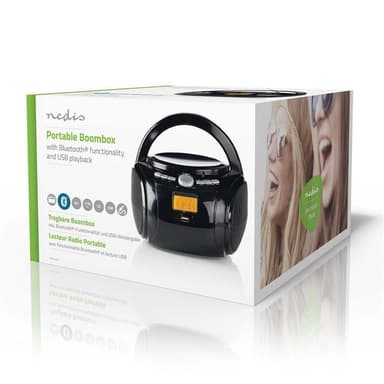 Nedis CD-spiller Boombox | Batteri drevet / Nettstrøm drevet | Stereo | 9 W | Bluetooth® | FM | USB-avspilling | Bære håndtak | Sort