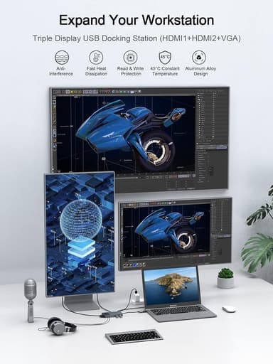 NÖRDIC 1 til 10 USB-A & C DisplayLink-dokkingstasjon 2xHDMI, 1xVGA, 2xUSB3.0, 1xRJ45, 2xSD/TF, 2x3,5 mm