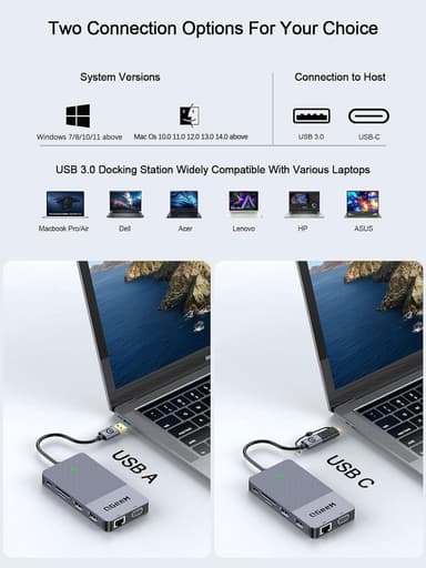 NÖRDIC 1 til 10 USB-A & C DisplayLink-dokkingstasjon 2xHDMI, 1xVGA, 2xUSB3.0, 1xRJ45, 2xSD/TF, 2x3,5 mm