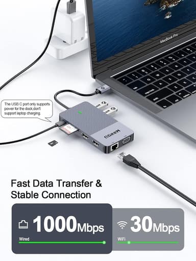 NÖRDIC 1 til 10 USB-A & C DisplayLink-dokkingstasjon 2xHDMI, 1xVGA, 2xUSB3.0, 1xRJ45, 2xSD/TF, 2x3,5 mm