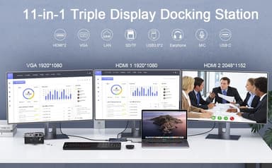 NÖRDIC 1 til 10 USB-A & C DisplayLink-dokkingstasjon 2xHDMI, 1xVGA, 2xUSB3.0, 1xRJ45, 2xSD/TF, 2x3,5 mm