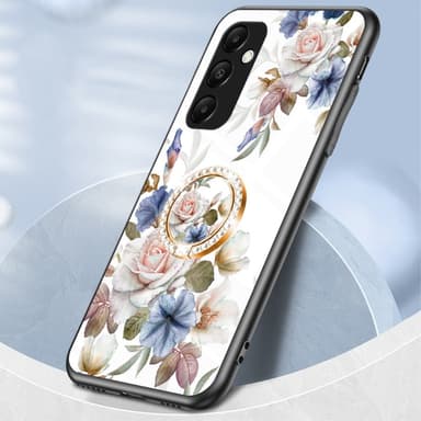 Til Samsung Galaxy A35 Herdet Glassdeksel Ring Kickstand Mobiltelefonveske - Hvit Blomst