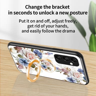 Til Samsung Galaxy A35 Herdet Glassdeksel Ring Kickstand Mobiltelefonveske - Hvit Blomst