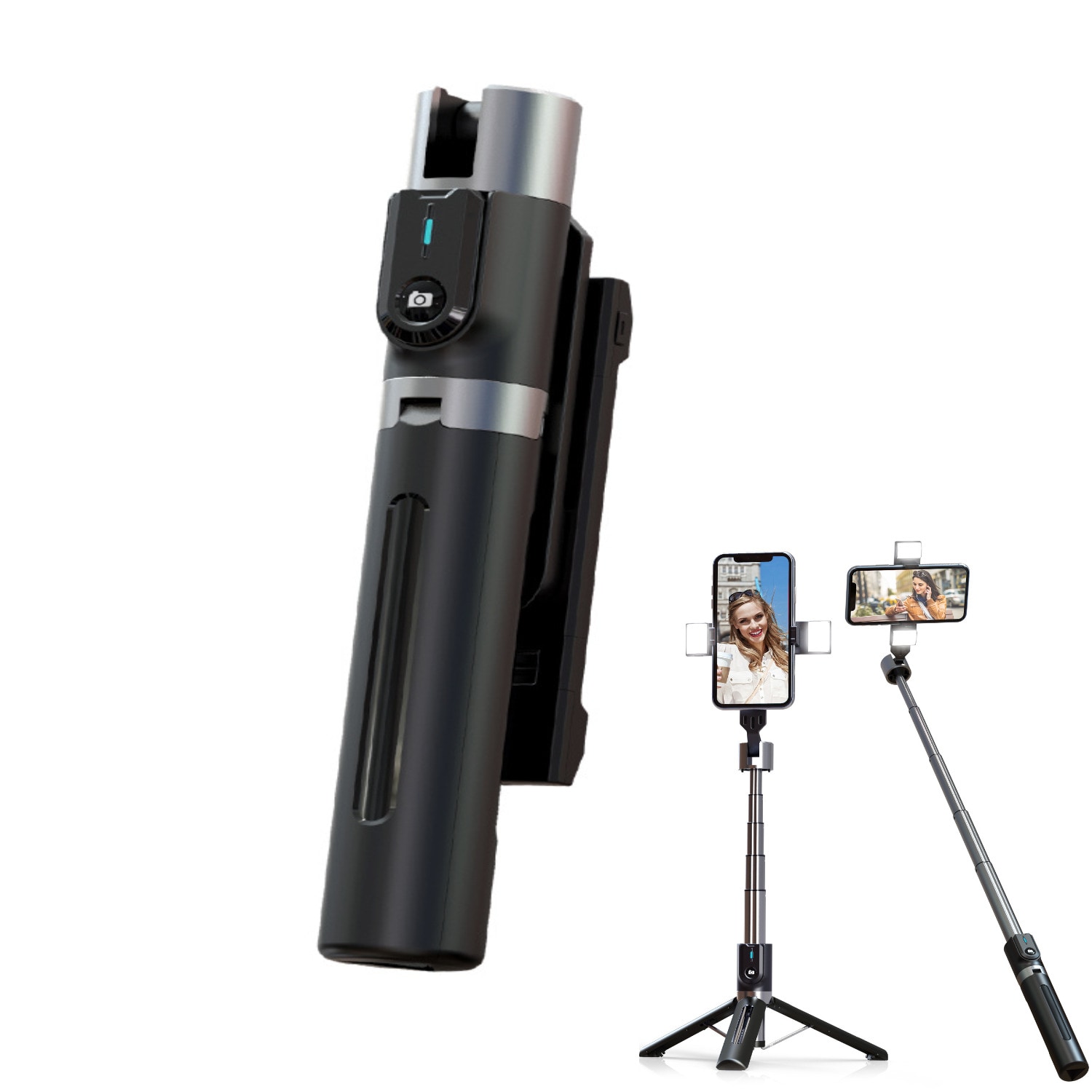Stativ selfie stick uttrekkbart mobiltelefonstativ med trådløs Bluetooth-fjernkontroll Sort