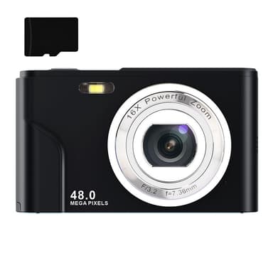 Digitalkamera med 48 MP, HD 1080p, 16x zoom, minnekort Sort
