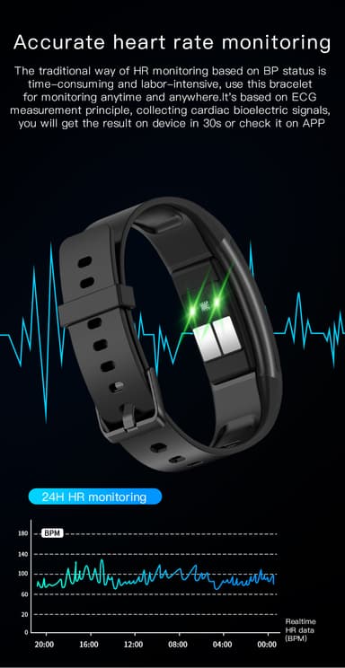 Fitness aktivitetsmåler med EKG-overvåking, puls, søvnmonitor Sort