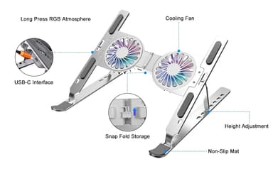 NÖRDIC Laptop-stativ for skrivebord med vifte 9-15,6 tommer