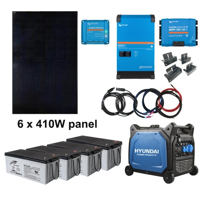 SKANBATT / VICTRON Kraftpakke 230V 5000VA - 2460W (6x410W) Solceller - Med AGM Batterier og HYUNDAI 6500W Aggregat