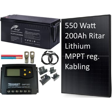 Solcellepakke Økonomi Hytte 550W Komplett m/lithiumbatteri regulator og mont. kit