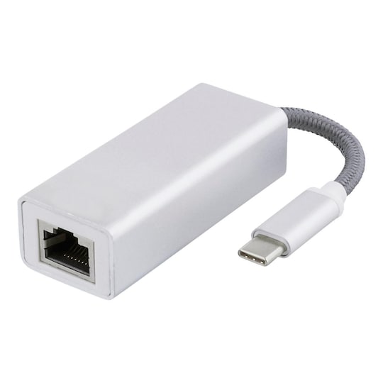 DELTACO USB C Network Adapter, Gigabit, RJ45, white bag, silver