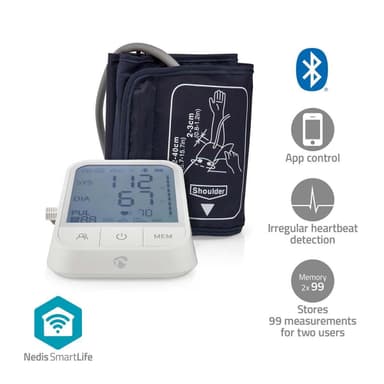 Nedis Smartlife Blodtrykksmåler | Væpne | Bluetooth | LCD-Skjerm | 22 - 42 cm | Deteksjon av uregelmessig hjerteslag / Deteksjon for mansjettbruk / Hold fortsatt indikasjon | Hvit