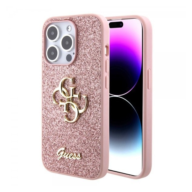 Guess iPhone 15 Pro Deksel Fixed Glitter Rosa