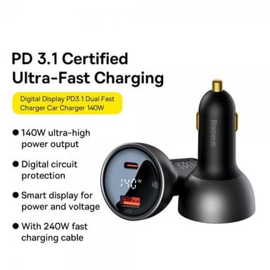 Baseus Mobillader til bil Digital Display PD3.1 Dual Cast Car Charger 140W