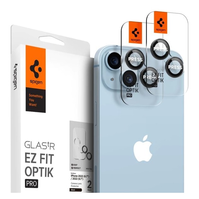Spigen iPhone 14/15/iPhone 14/15 Plus Linsebeskyttelse GLAS.tR EZ Fit Optik Pro 2-pakning Svart
