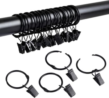 Gardinringar i metall med klämmor gardinhängare 20-pack Sort 32 mm