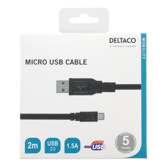 deltaco USB 2.0 cable Type A ma - Type Micro B ma, 5-pin, 2m, black