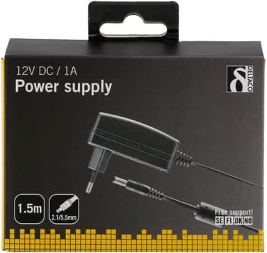 DELTACO AC-adapter, 100-240V til 12V 1A, svart
