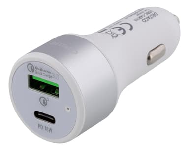 DELTACO billader, USB-C, 36W, USB-C PD, QC 3.0, 12-18V DC, hvit