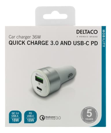 DELTACO billader, USB-C, 36W, USB-C PD, QC 3.0, 12-18V DC, hvit