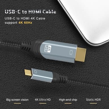 NÖRDIC 1M USBC til HDMI 4K 60Hz Nylon Flettet Kabel Space Gråstøtte for HDCP1.4 og 2.2 Ren Kobber 99,99%