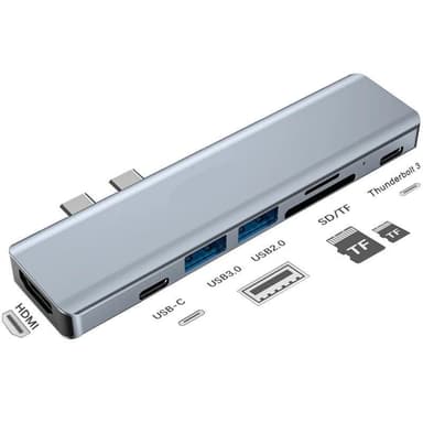 NÖRDIC 2 til 7 USB-C-dokkingstasjon for MacBook Pro og Air 1xHDMI 4K30Hz 1xUSB-A 3.1 1xUSB-A 2.0 1xUSB-C 3.1 1xUSB-C 100W PD 1x SD/TF-kortleser