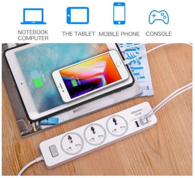 Grenuttak med USB-lader 3 stikkontakter 3 USB-porter Hvit
